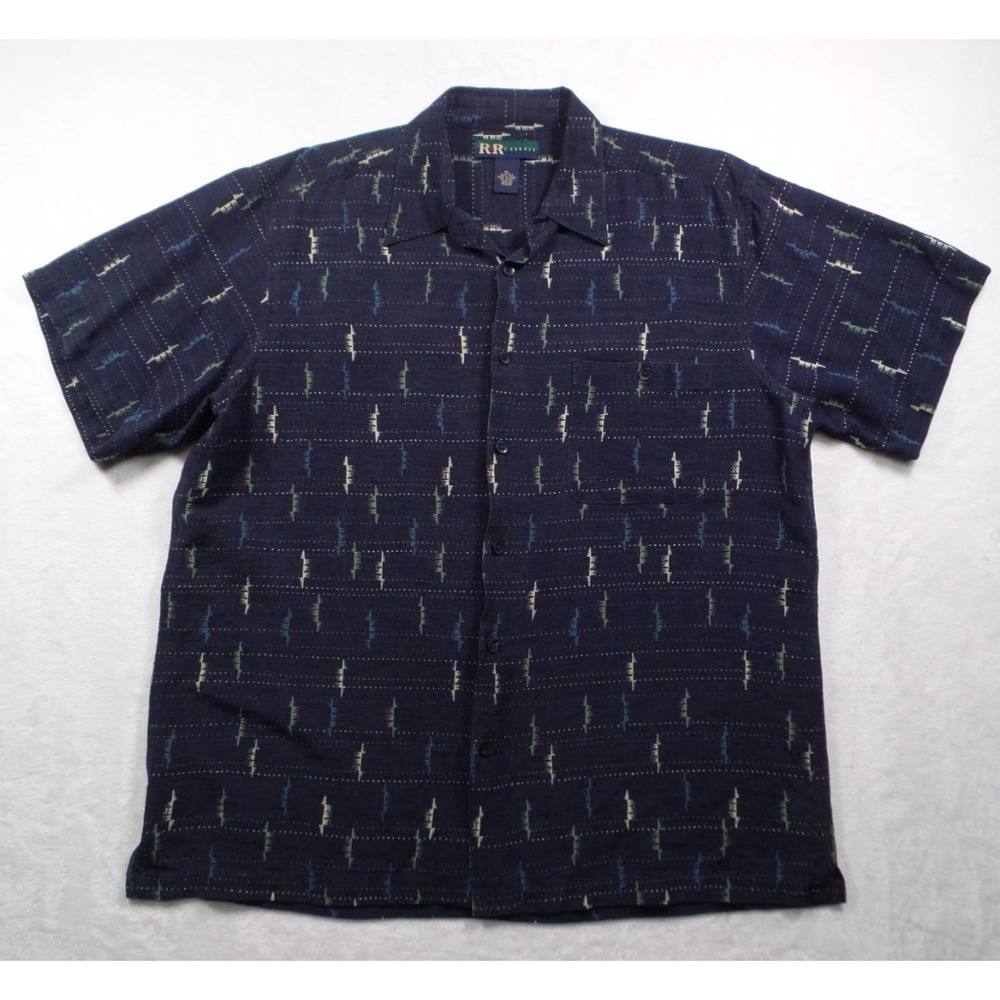 R&R Casuals Shirt Mens Size Extra Large Blue Button Up Short‎ Sleeve 100% Silk